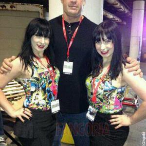 Sylvia right with her twin sister Jen right and Glenn Kane Jacobs promoting See No Evil 2 at New York Comic Con
