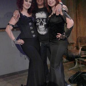 Jen and Sylvia Soska with Slash on the set of Hellevator