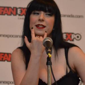Jen Soska speaking on a panel at the Rue Morgue Festival of Fear Convention in Toronto