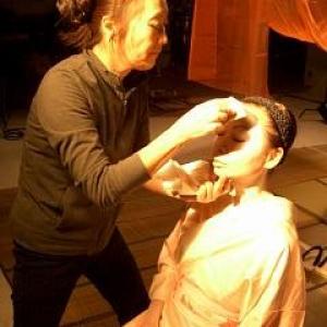 Sulinh Lafontaine as THE GEISHA in The Winter Butterfly Prepping geisha makeup  wardrobe