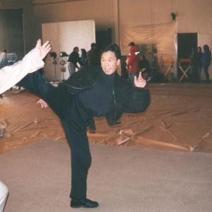 Michael Dawson and Ho Chow rehearse a fight scene on the set of Kung Fu The Legend Continues 1996