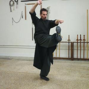 Dawson demonstrating a Seven-Star Praying Mantis kung-fu form (2014).