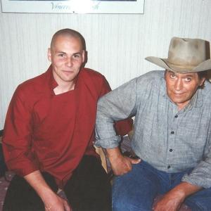 Clint Walker and Michael Dawson stop for a photo while on location shooting the Kung Fu The Legend Continues TV series