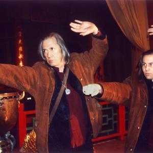 David Carradine and Michael Dawson run through kungfu form together on the Kung Fu The Legend Continues set 1996
