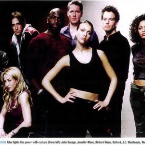 entertainment weekly article photo.the cast of Dark Angel.Jessica Alba as Max,Richard Gunn as Sketchy,Jon Savage as Lydecker ,and Jennifer Blanc as Kendra Mabaum