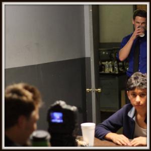 Actors Daniel Rovira and Grant Harvey on set for the film Imagination of Young with cinematographer Michael Caradonna