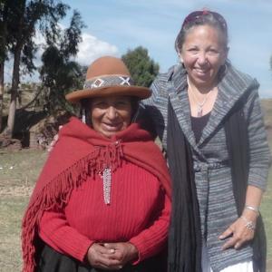 Susan Stark Christianson right with an elder she interviewed in Peru Dona Maria Apasa Mauchauca