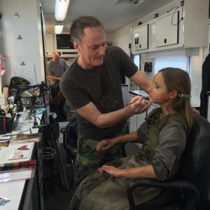 In the makeup chair on set of Salem