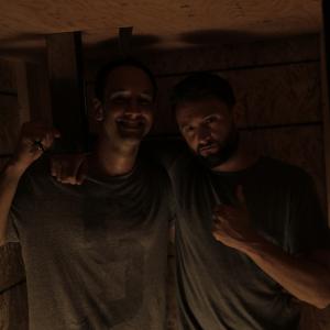 director Guina Dutra and actor Adam Wright, inside the mad box and moments before the shooting of the climatic scene in 'Goodbye Dear Madness' (2015)