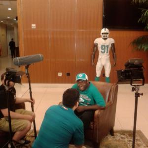 Actor Milton James Jones doing a live interview for the NFL Miami Dolphins network as to when did he really become a Dolphins fan