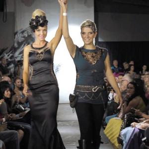 Betty Long head piece designer for runway show for the stars fashion house 2013 on runway with one of her models wwwwhatabettycom