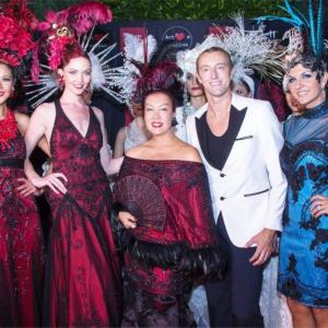 Headpiece designer Betty Long What A Bettyand Dress designer Sue Wong 2015 runway show with MarioMax Prinz Zu SchaumburgLippe Featuring a collaboration of Betty and Sues designs on runway wwwwhatabettycom