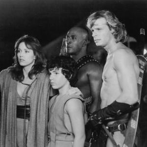 Still of Tanya Roberts, Marc Singer, John Amos and Joshua Milrad in The Beastmaster (1982)