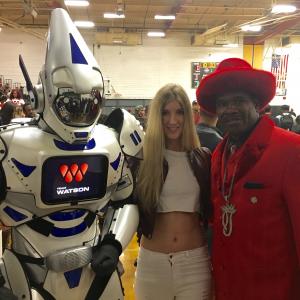 Professional Boxer Floyd Mayweather left Actor and Model Audrey Hendricks Middle and comedian Red Grant right at the 2015 Charity Celebrity Basketball Game