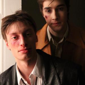 Aris Tyros left and Eric Osborne right looking beat up on the set of If a Bird Cannot Swim