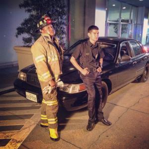 Behide the scene shot from Distortion (2016) with Ben Ates (Firemen) Cody Esquivel (Police Officer).