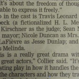 April 9, 2015 Publication: Appeal Democrat; extract from article about stage play Inherit The Wind.