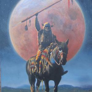 This is a painting of myself of a character I portray when performing with John Payne The One Arm Bandit I and another artist painted it Blood Moon Warrior 30x4 oil on canvas