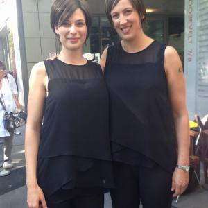 With Miranda Hart as her stunt double on the set of Spy in 2014