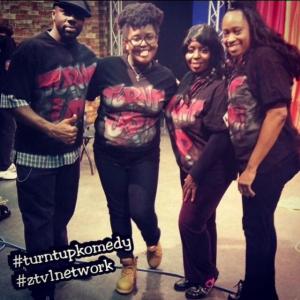 A few of the crew on the set of Turnt Up Komedy. From left to right: Camera Operator, Jesse James , Audio Engineer, BrooLynn Essence , Producer, Zsay Moore , Camera Operator, Synthia Miller.