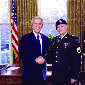 Staff Sergeant Jim Wagner of the California State Military Reserve was invited to the Oval Office by President George W Bush on January 12 2009
