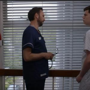 Max J Green as Stephen Holting in a Scene with Alex Walkinshaw as Fletch in Holby City, Episode Title Return to Innocence. S17 Ep 42. All time Episode number 777