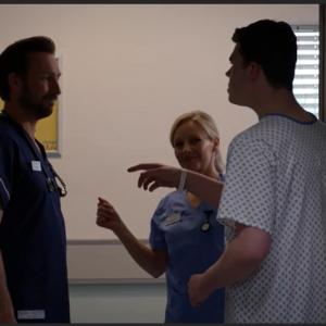 Max J Green as Stephen Holting in a scene with Alex Walkinshaw as Fletch and Kaye Wraggs as Essie in Holby City Episode Title Return to Innocence S17 Ep 42 All time Episode Number 777