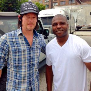 Tony Grant and Norman Reedus on the set of Triple 9