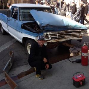 Stuntman Tim Mikulecky infront of the truck that hit him, driven by Corey Eubanks on the set of 