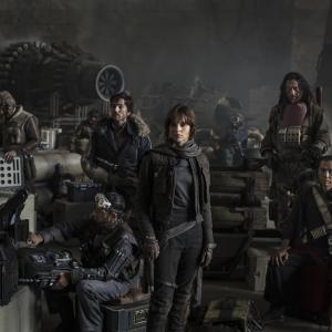 Still of Wen Jiang, Felicity Jones, Diego Luna, Donnie Yen and Riz Ahmed in Rogue One: A Star Wars Story (2016)