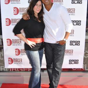 PR gal Rachel Braver and producer Derrex Brady at the GO Burger red carpet event