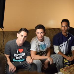 Tyler Honigsfeld on the set of Slumber Party with Darren Barnet (middle) and Drake Ford (right).