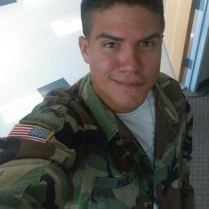 Soldier smiling. Selfie before shoot.