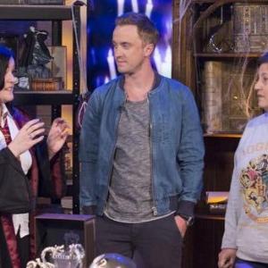 Victoria on the set of ITV This Morning with Tom Felton talking and her prop making skills