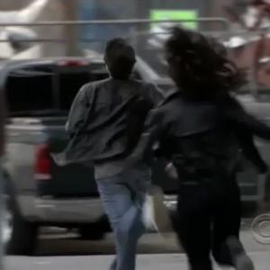 BRANDON LUDWIG being chased by Theresa Joy aka Billy on the set of The Bridge