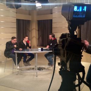 L to R, Dave Roberts, BRANDON LUDWIG appearing as guests on Advocate Television talk show -continued-Lucas Duguid (Host) & Jason Souliere (Producer)