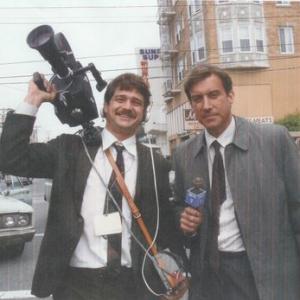 Brad and Philip Lederer as Camera Man and Reporter on set of Zodiac directed by David Fincher