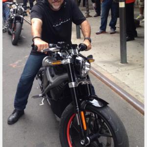 J.D. Katz test piloting the all electric pre-production prototype of the new Harley-Davidson LiveWire motorcycle in lower Manhattan. NYC Harley-Davidson