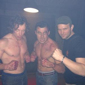 On set of Bite Club with Donnie Baxter and Brian Antonenko before shooting their marathon 4hr fight scene.