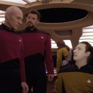 Still of Michael Dorn, Jonathan Frakes, Brent Spiner and Patrick Stewart in Star Trek: The Next Generation (1987)