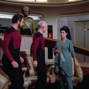 Still of Michael Dorn, Jonathan Frakes, Marina Sirtis and Patrick Stewart in Star Trek: The Next Generation (1987)
