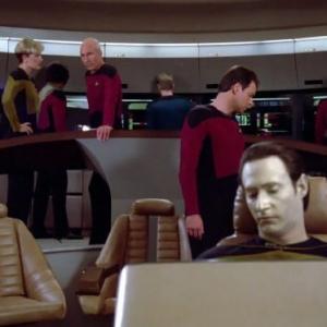 Still of Denise Crosby, Michael Dorn, Jonathan Frakes, Brent Spiner and Patrick Stewart in Star Trek: The Next Generation (1987)
