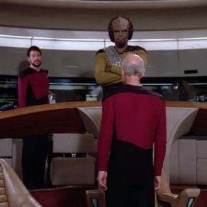 Still of Michael Dorn, Jonathan Frakes and Patrick Stewart in Star Trek: The Next Generation (1987)