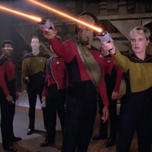 Still of Denise Crosby, Michael Dorn, Brent Spiner and LeVar Burton in Star Trek: The Next Generation (1987)