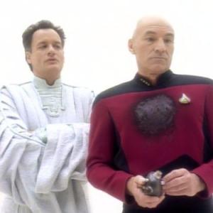 Still of Patrick Stewart and John de Lancie in Star Trek The Next Generation 1987