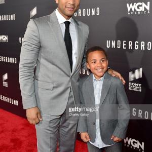 Actor Maceo Smedley and Executive Producer John Legend arrive at the premiere of WGN America's Underground held at the Theater at the Ace Hotel on March 2nd, 2016 in Los Angeles, California.