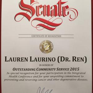 Laurn Laurino receives a California State Senate Award for her Holistic Health Advocacy
