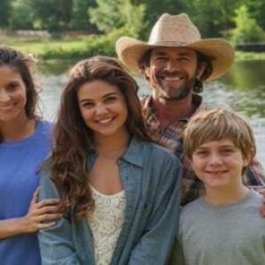 Candice Barley Luke Perry Danielle Campbell and Aiden Flowers from film Race to Redemption