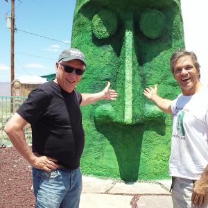 James Woods and Gregg Arnold, starring as Sheriff in PROTOCOL 734 in front of Gregg Arnolds creation Giganticus Headicus on Route 66 in Kingman Arizona