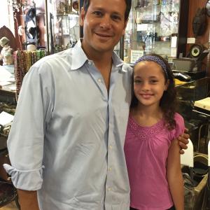 Actor Bill Sorvino with actress Manda Madsen in wardrobe on the set of the feature film Whos Jenna?
